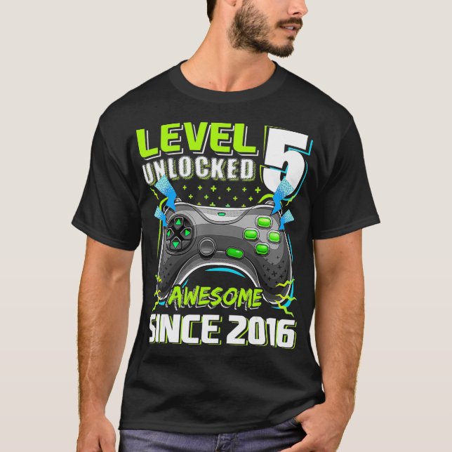 T-shirt Niveau 5 Déverrouillé Awesome 2016 Jeu vidéo 5e an (Devant)