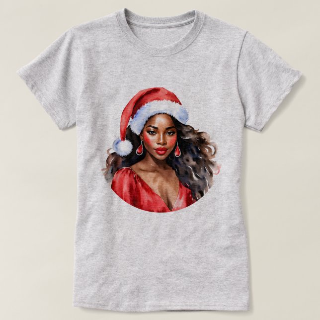 T-shirt Noël belle femme noire Santa Hat (Design devant)