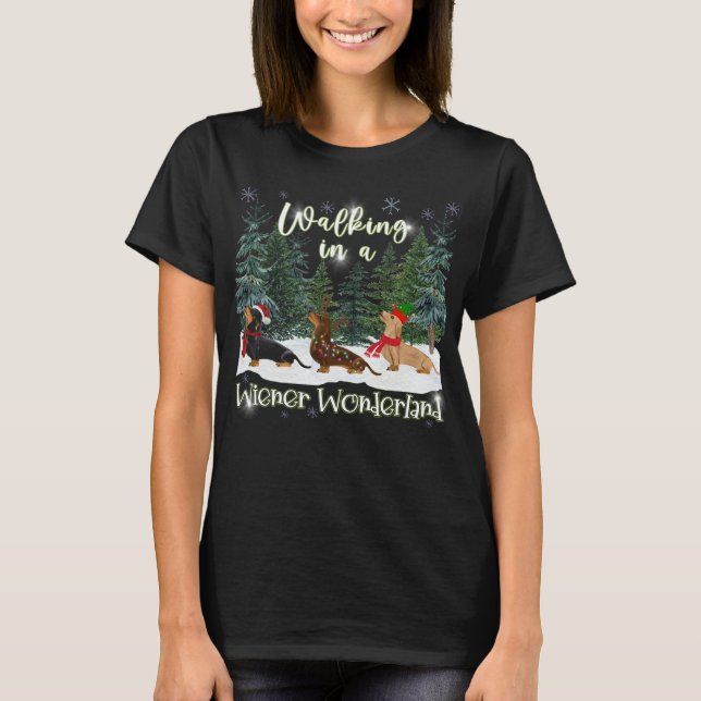 T-shirt Noël Dachshund Marcher Dans Un Pays Des Merveilles (Devant)