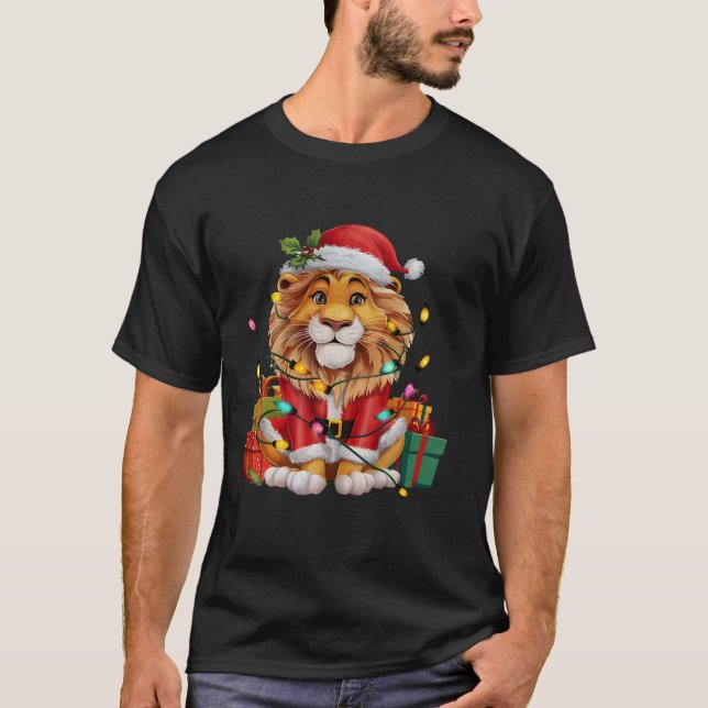 T-shirt Noël de Noël Éclairage Père Noël Riding Lion (Devant)