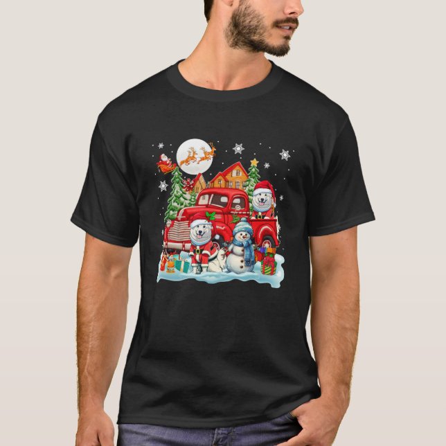 T-shirt Noël Deux Père Noël Samoys Sur Pickup Truck Snowm (Devant)