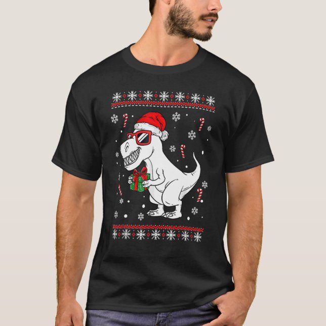 T-shirt Noël Éclairage Santa Chapeau moche Rex Dinosaures  (Devant)