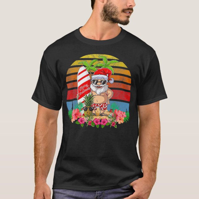 T-shirt Noël En Juillet Costume De Fête Père Noël Surf (Devant)