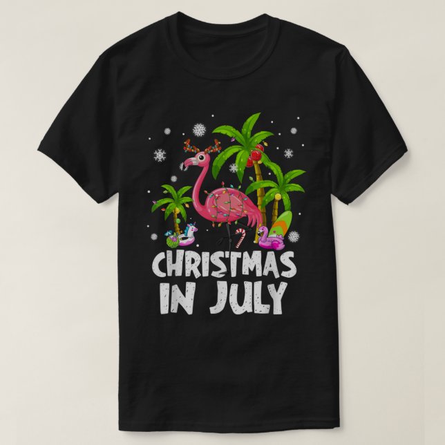 T-shirt Noël En Juillet Flamant rose Plage Palm Tree Été (Design devant)