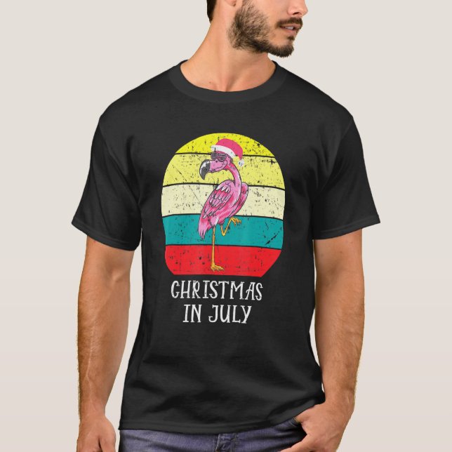 T-shirt Noël En Juillet Flamant rose Rose À Santa Hat Men- (Devant)
