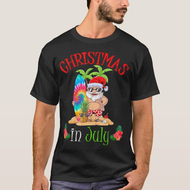 T-shirt Noël En Juillet Funny Père Noël Surf Été (Devant)
