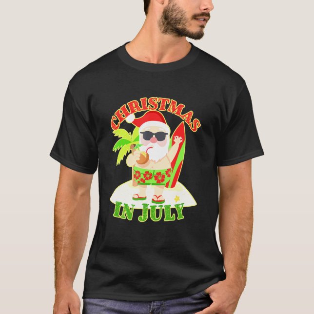 T-shirt Noël En Juillet Noël Père Noël Surfboard Beach Sum (Devant)
