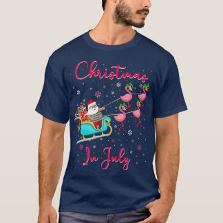 T-shirt Noël En Juillet Père Noël Flamant rose Rose Sleigh