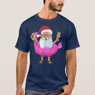 T-shirt Noël en juillet Père Noël Hawaii Flamant rose lune