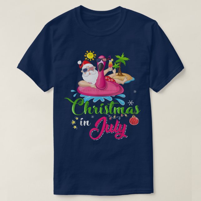 T-shirt Noël en juillet Père Noël Hawaiian Pink Flamant ro (Design devant)