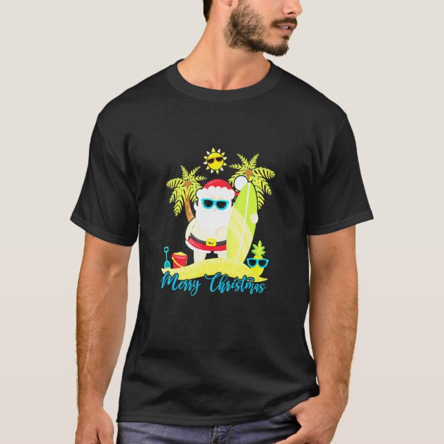T-shirt Noël En Juillet Père Noël Summer Surfing Beach Sur (Devant)