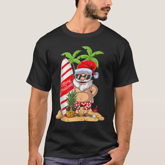 T-shirt Noël En Juillet Père Noël Surf Hawaïen Été Surfi (Devant)