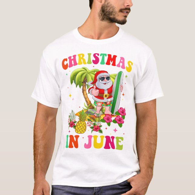T-shirt Noël En Juin Drôle Père Noël Flamant rose Été Vaca (Devant)