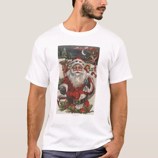 T-shirt Noël GreetingSanta avec des cerfs communs et des (Devant)