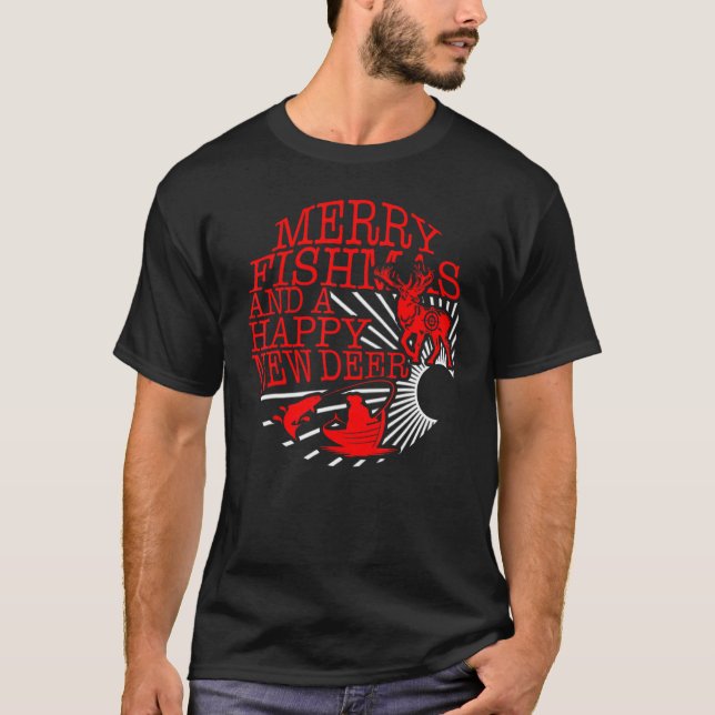T-shirt Noël Merry Fishmas Happy New Deer Fisherman H (Devant)