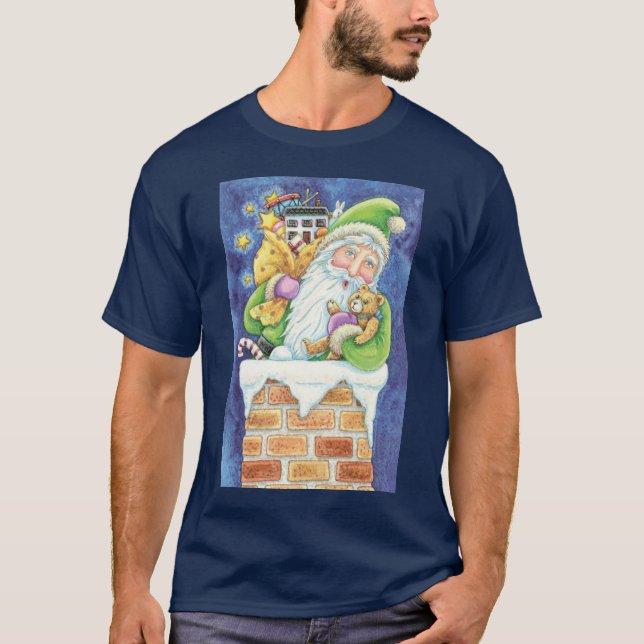 T-shirt Noël mignon, Père Noël à Chimney avec jouets (Devant)