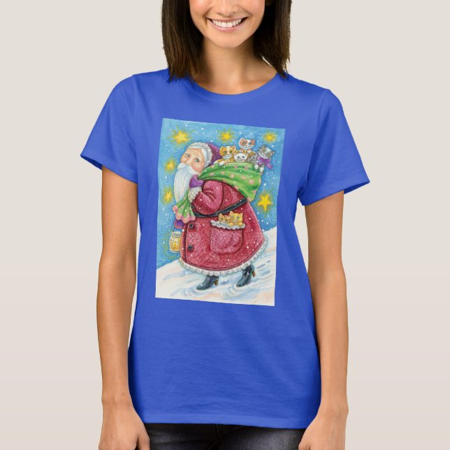 T-shirt Noël mignon, Père Noël avec chatons et chats ! (Devant)