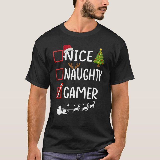 T-shirt Noël Noël Noël Noël Noël Noël Nice Naughty Gamer (Devant)