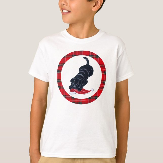 T-shirt Noël noir de chiot de Labrador et de casquette de (Devant)