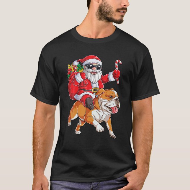 T-shirt Noël Père Noël équitation anglais Bulldog Noël (Devant)