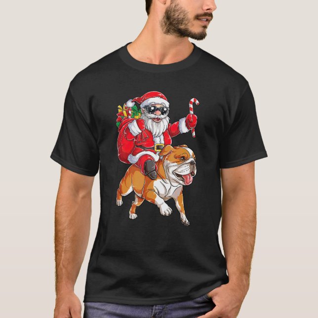 T-shirt Noël Santa Claus équitation anglais Bulldog Joyeux (Devant)