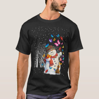 T-shirt Noël Snowman Santa Chapeau Avec Papillons Voler Un