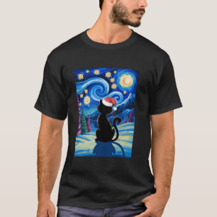 T-shirt Noël Van Gogh Chat Starry Nuit Noir Chat Sant