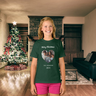 T-shirt Noël vert de la famille photo coeur fille