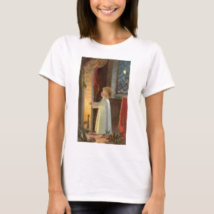 T-shirt Noël vintage, enfant se réchauffant près de la che