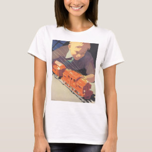 T-shirt Noël vintage, garçon jouant avec des trains jouets