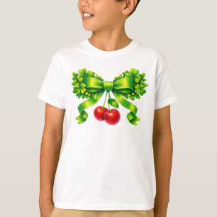 T-shirt Nœud Trèfle Chanceux avec Cerises Design Vert