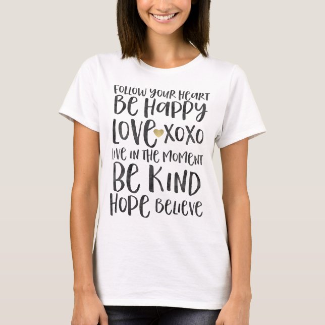T-shirt Noir Aquarelle Mots Inspirationnels Gold Heart (Devant)