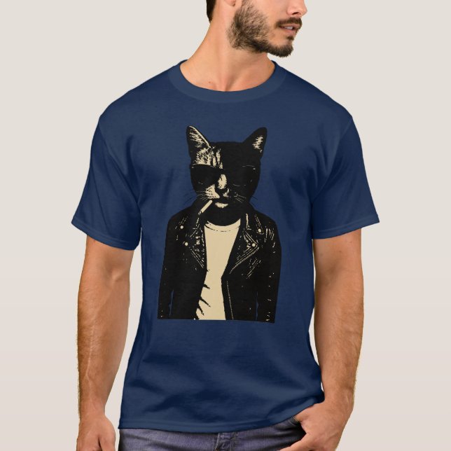T-shirt Noir Cat en cuir (Devant)