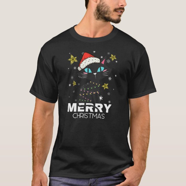 T-shirt Noir Chat Noël lumière/Amoureux des chats Noël (Devant)
