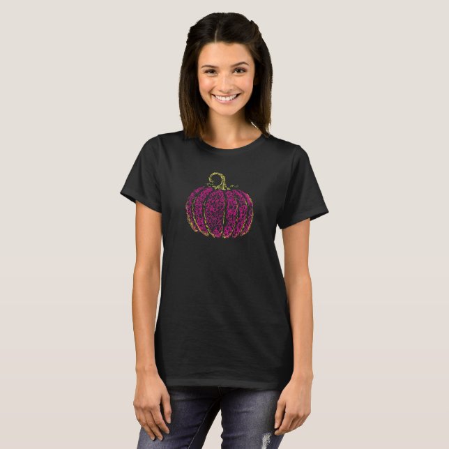 T-shirt noir Citrouille rose d'Halloween (Devant entier)