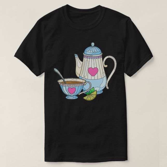 T-shirt Noir de bouilloire thé et tasse de thé (Design devant)