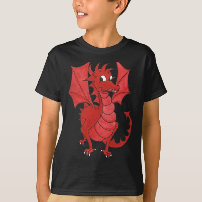 T-shirt noir de coton d'enfants : Dragon rouge (Devant)