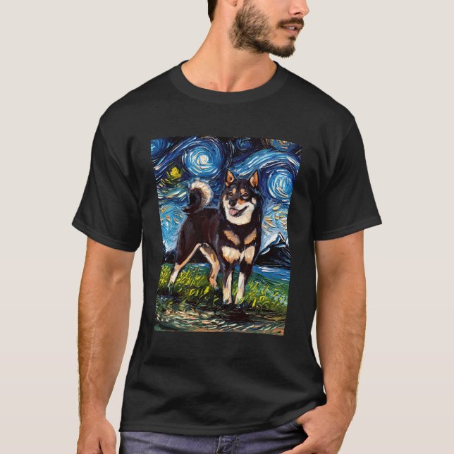 T-shirt Noir Et Tan Shiba Inu Starry Night Mignonne Chien  (Devant)