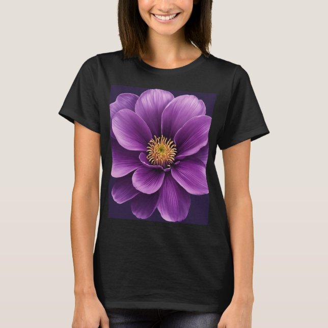 T-shirt noir féminin avec imprimé de fleurs violet (Devant)