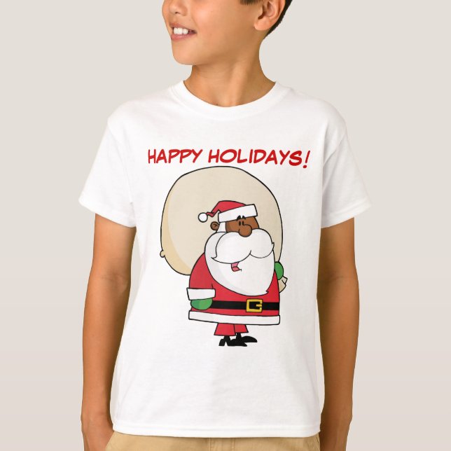 T-shirt Noir Père Noël avec sac de jouets (Devant)