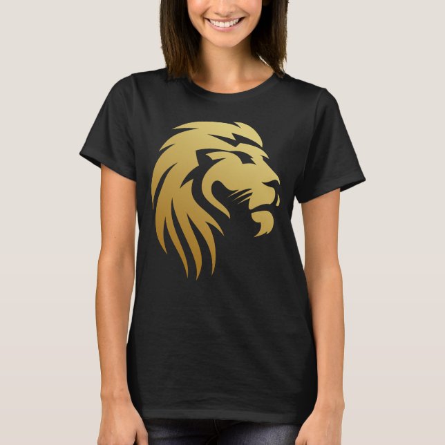 T-shirt noir rond avec tête de lion en or (Devant)