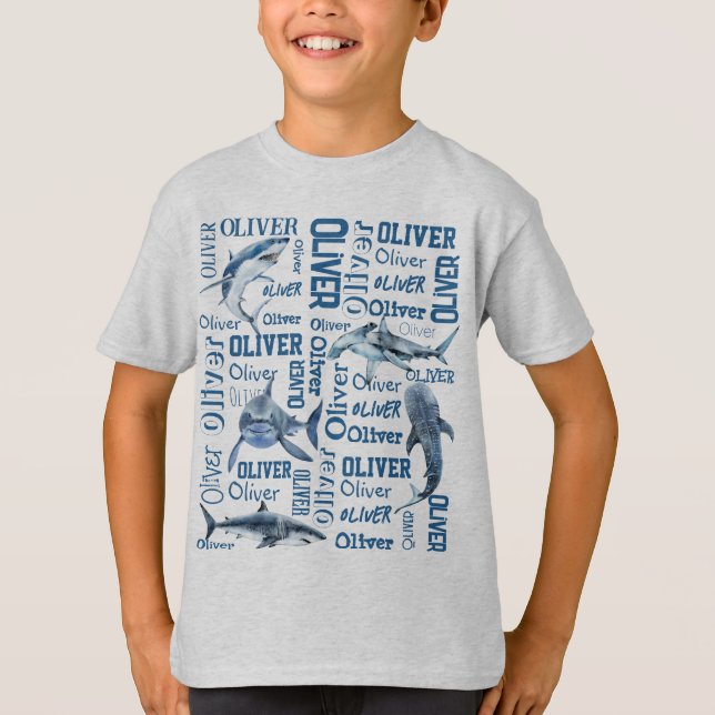 T-shirt Nom de garçon personnalisé avec collage requin (Devant)
