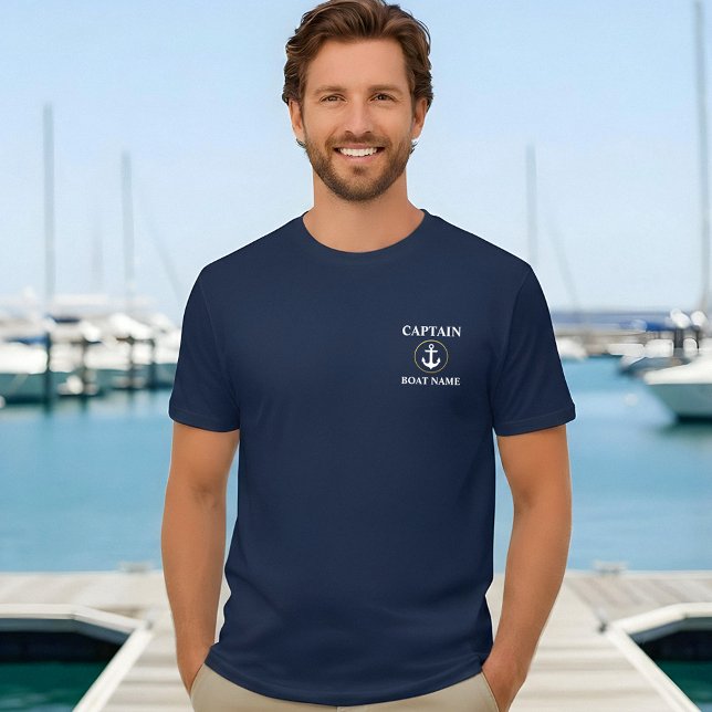 T-shirt Nom du bateau capitaine Ancre nautique Blue Gold (Customize to change text size. Choose from a variety of shirt colors and styles.)