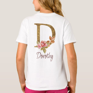 T-shirt Nom personnalisé Blush Roses Lettre D en feuille d