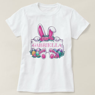 T-shirt Nom Personnalisé Easter Tee; Joli Lapin & Oeufs