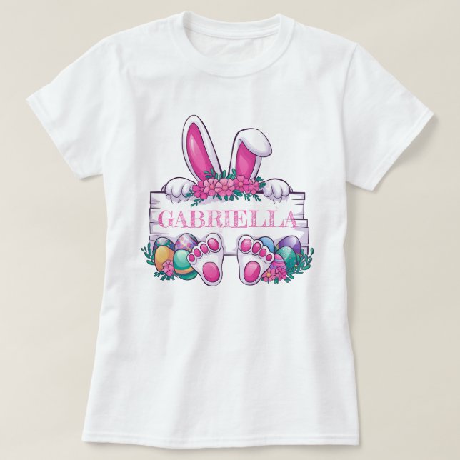 T-shirt Nom Personnalisé Easter Tee; Joli Lapin & Oeufs (Design devant)