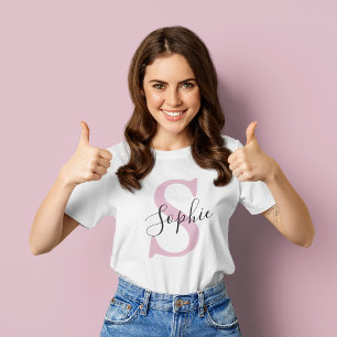 T-shirt Nom personnalisé moderne Monogramme rose