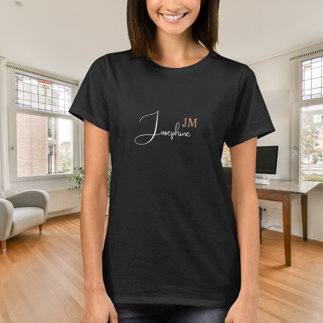 T-shirt Nom script monogramme initiales or noir (Créateur téléchargé)