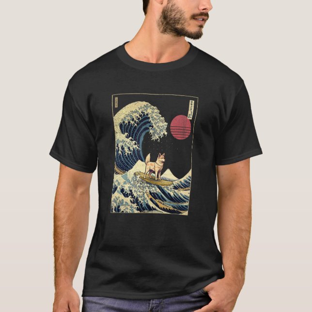 T-shirt Norvégien Lundehunde Japonais Kanagawa Wave Surf D (Devant)