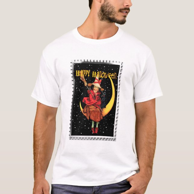 T-shirt Nostalgale Halloween Bonne sorcière et son chat (Devant)